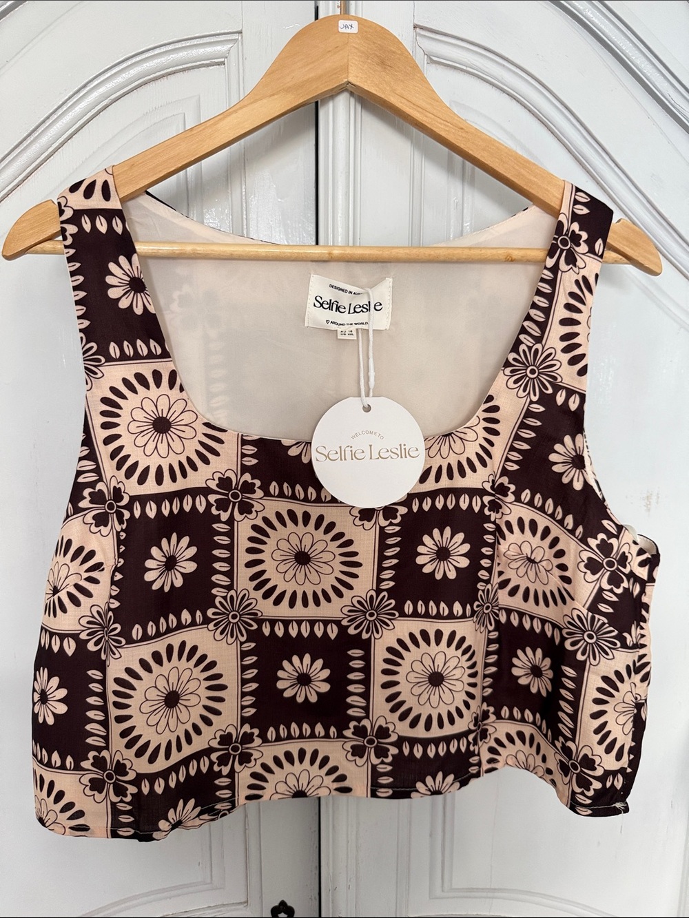 NWT Selfie Leslie Brown Floral Tile Print Square Neck Crop Top‎ Boho Size XXL